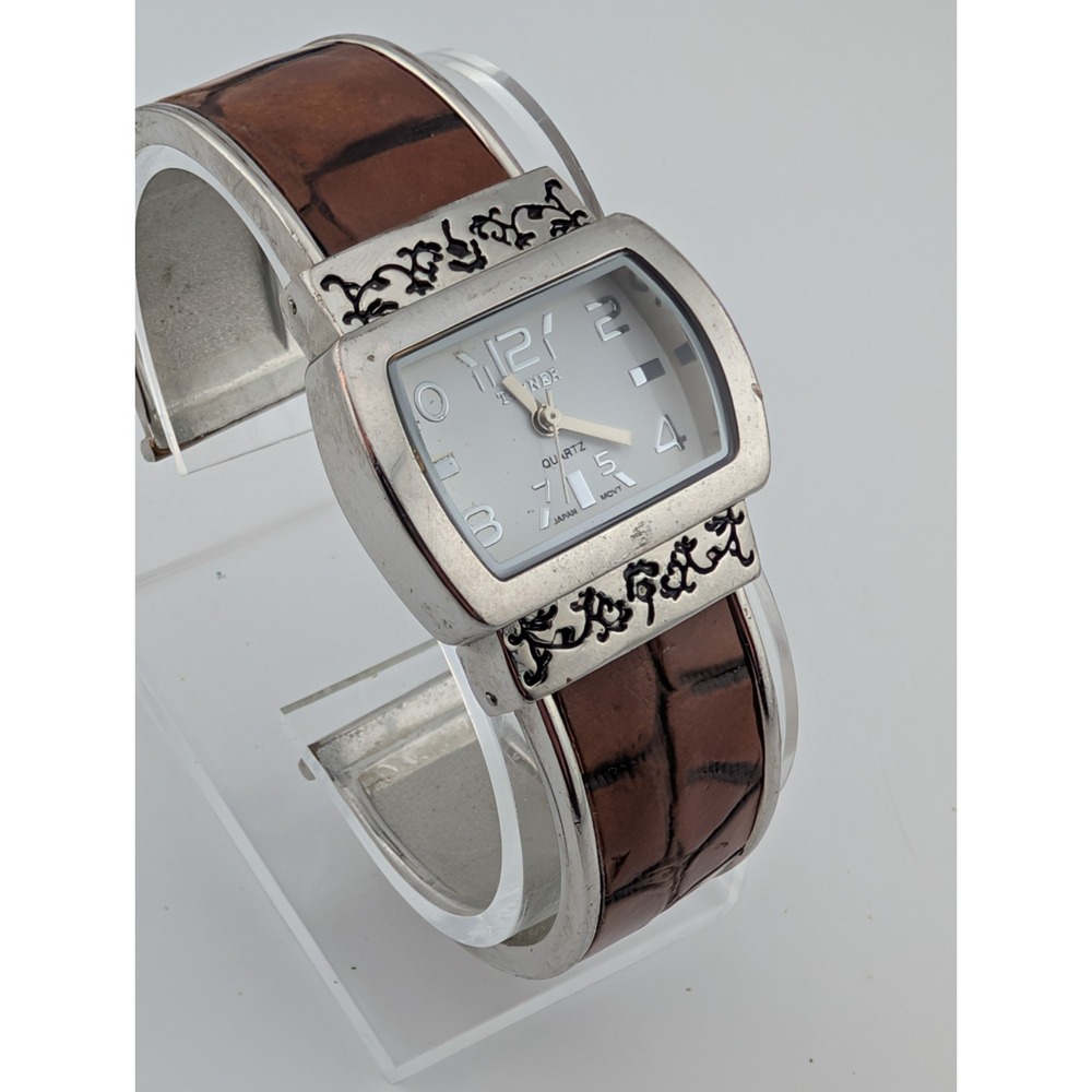 Bijoux Terner Watch Women 30mm Silver Case Brown Leather Bangle Band New Battery